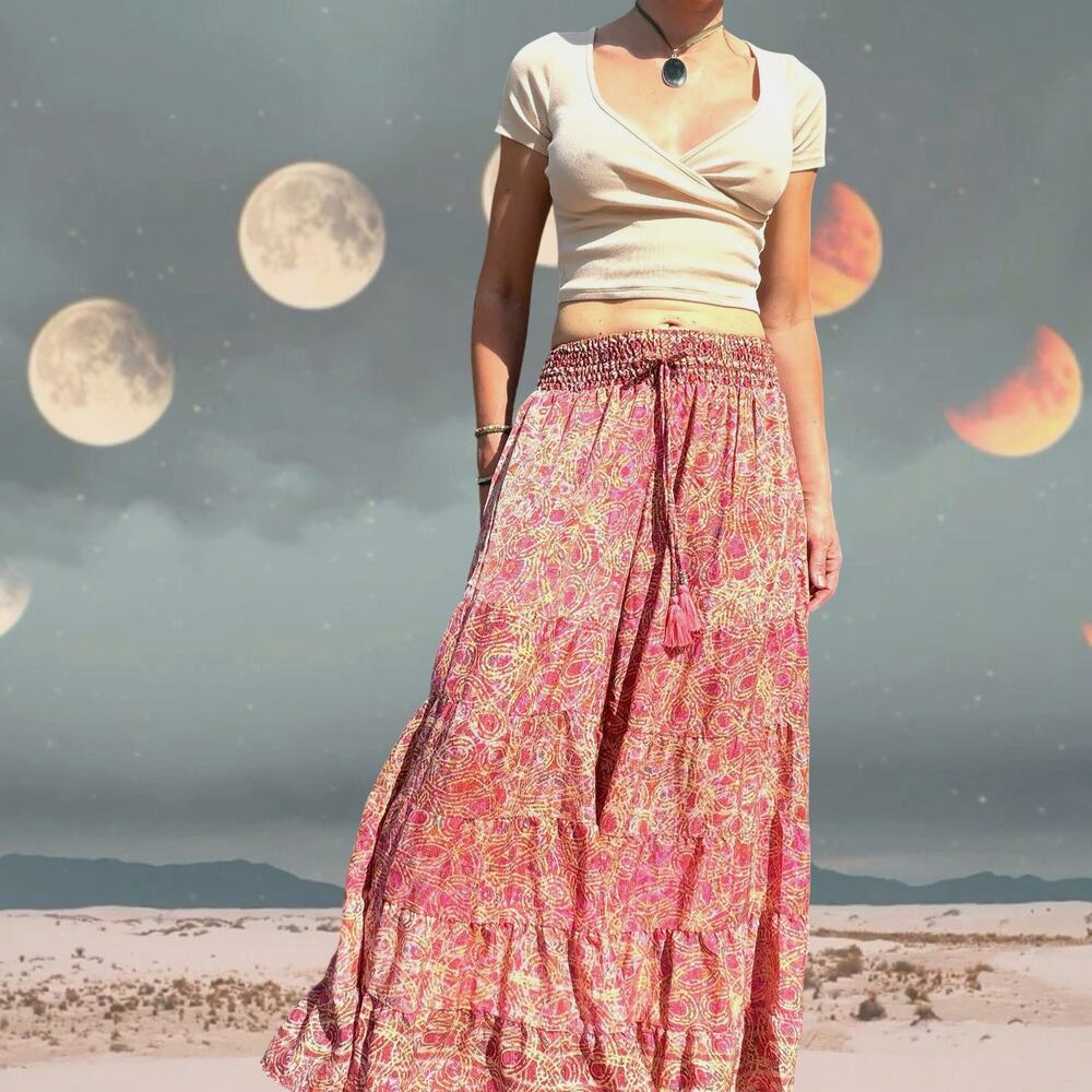 Pink Paisley Boho Palazzo Pants Tiered Ruffle Wide Leg